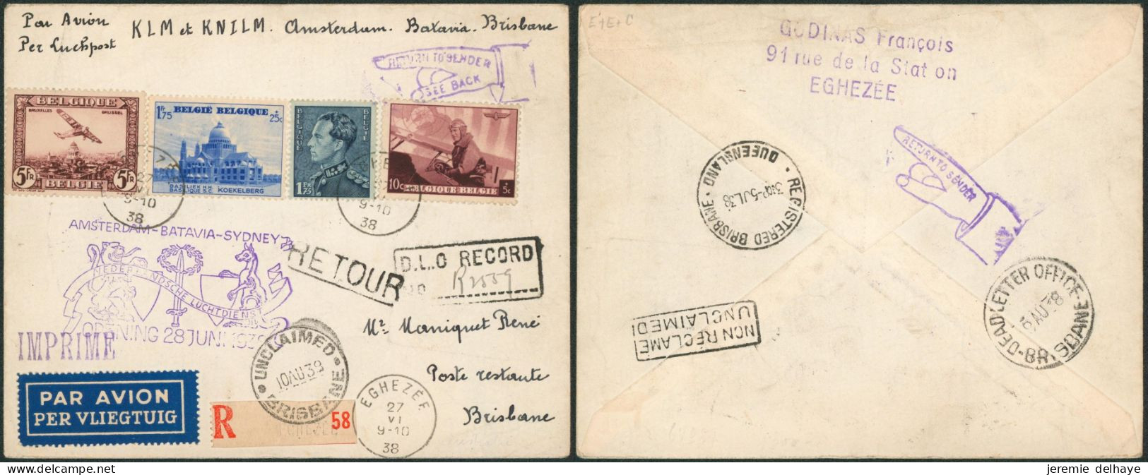 Affranch. Mixte Sur L. En Recommandé Par Avion De Eghezée (1938) > Brisbane (Australie) Via Batavia / KLM & KNILM - Briefe U. Dokumente
