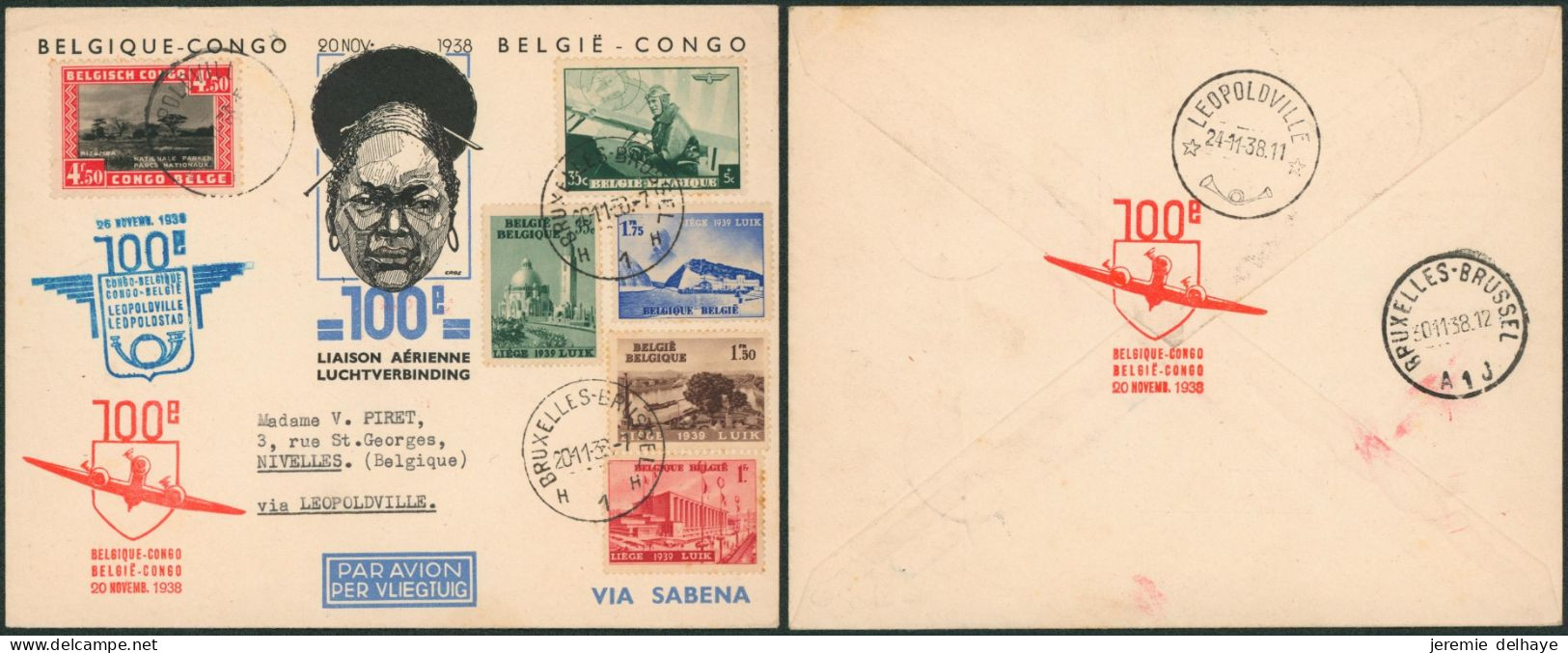 Affranch. Mixte Belgique / Congo Sur Lettre Par Avion SABENA (100e Liaison Aérienne) Bruxelles - Léopoldville - Nivelles - Lettres & Documents