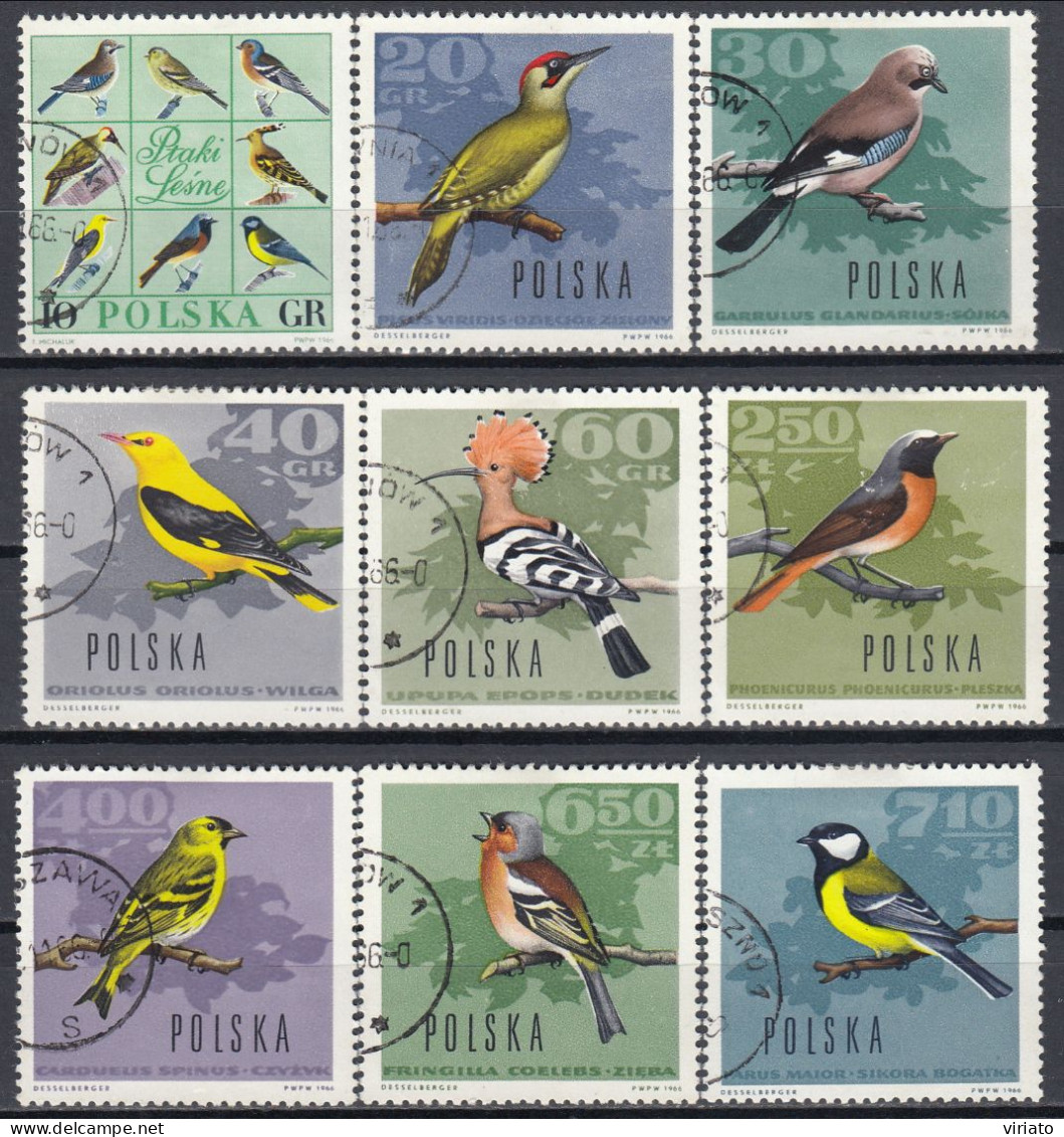 AVE088 - Polonia 1966 (Used) (Mi 1718-1726) - Picus Viridis...Upupa Epops...Parus Major - Collections, Lots & Series