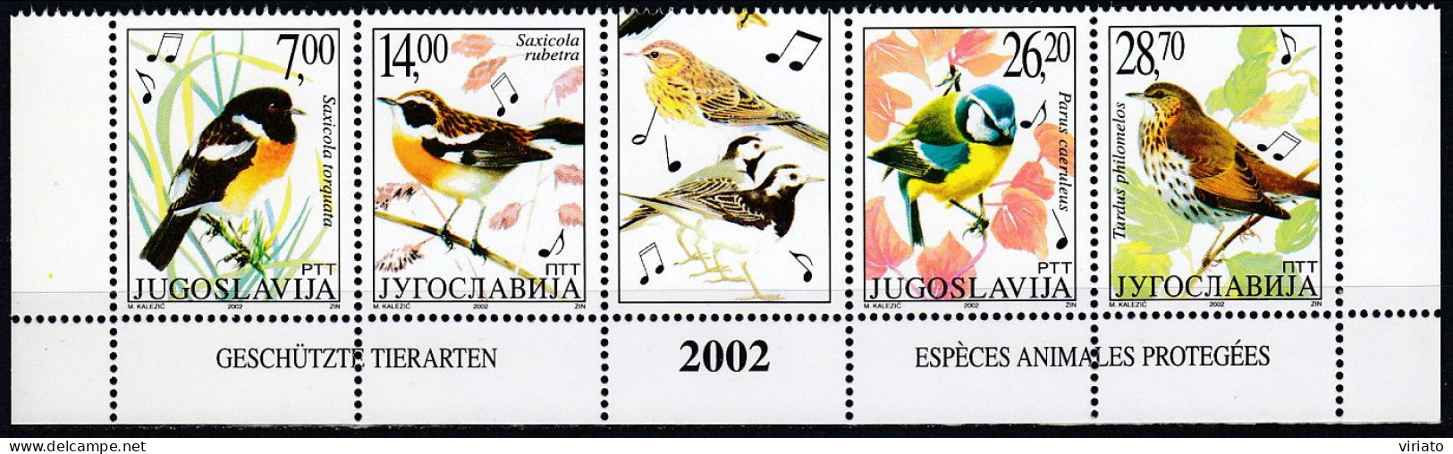 AVE067 - Yugoslavia 2002 (MNH) (Mi 3061-3064) - Saxicola Rubicola...Turdus Philomelos - Collections, Lots & Series