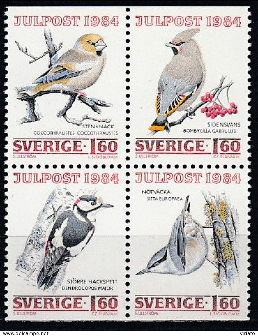 AVE059 - Sweden 1984 (MNH) (Mi 1307-1310) - Coccothrauste C...Sitta Europaea.jpg - Collections, Lots & Series