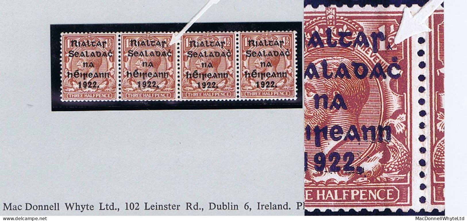 Ireland 1922 Harrison Rialtas 5-line Coils,1½d Var. "Stop Afer S" In Coil Join Strip Of 4 Mint Unmounted - Ungebraucht
