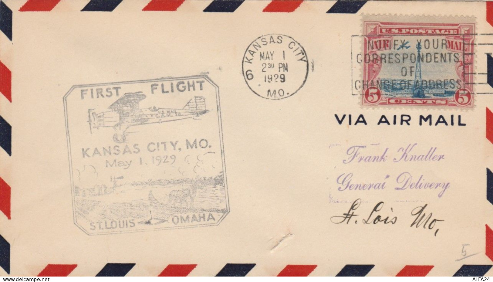 FIRST FLIGHT USA KANSAS CITY ST.LOUIS OMAHA 1929 (VX549 - 1921-40