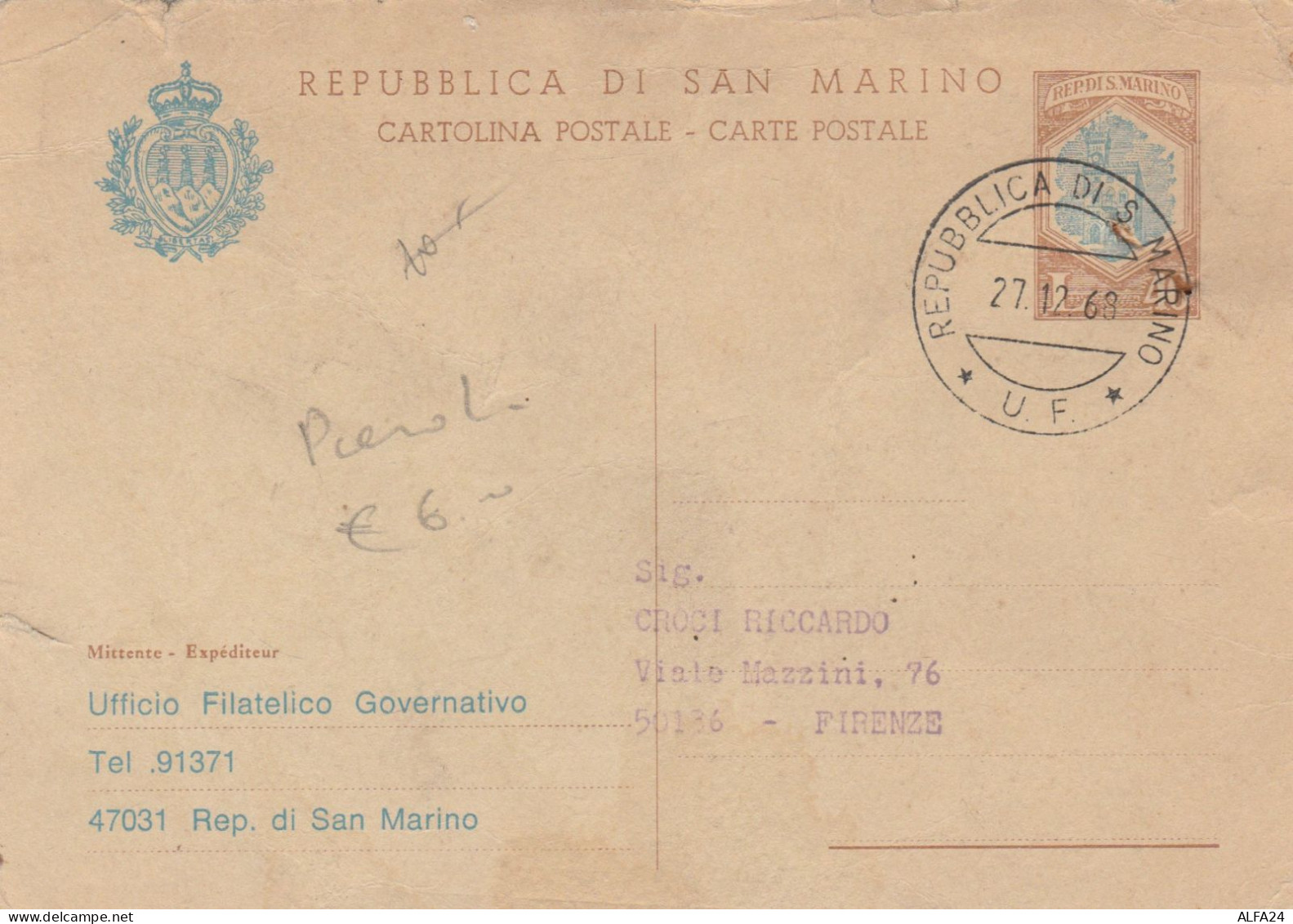 INTERO POSTALE SANMARINO 1968  (XM1310 - Enteros Postales