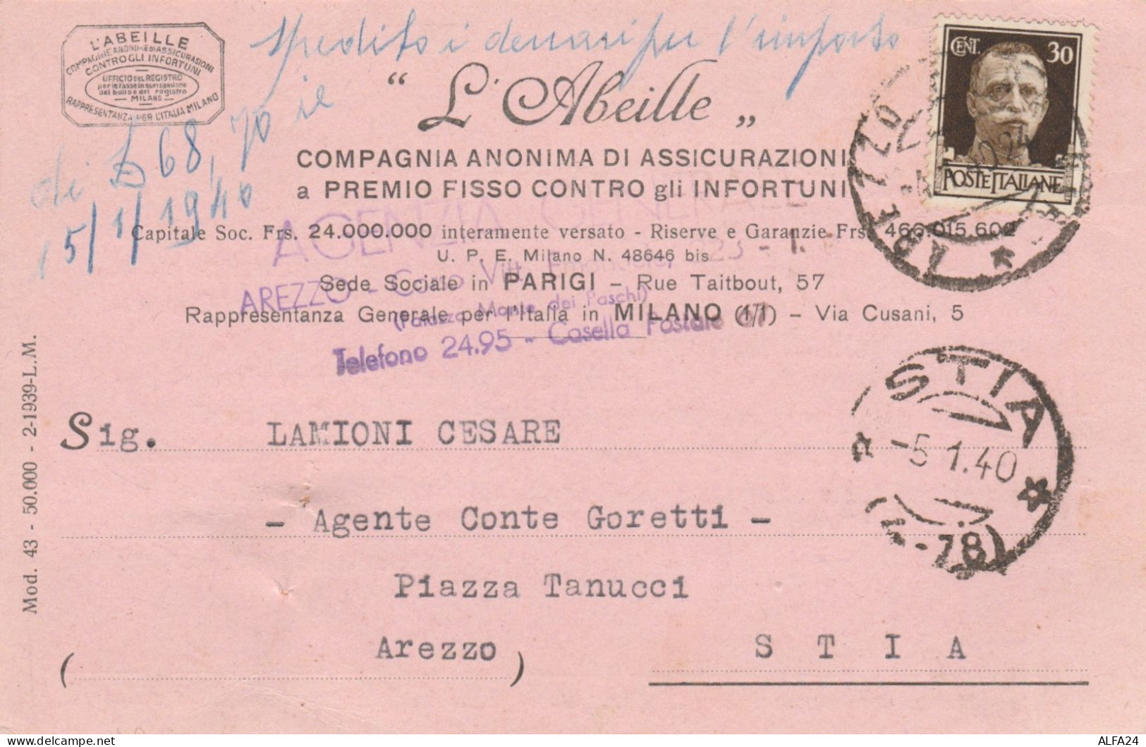 CARTOLINA POSTALE 1940 C.30 L'ABEILE TIMBRO STIA AREZZO (XM981 - Postal Parcels