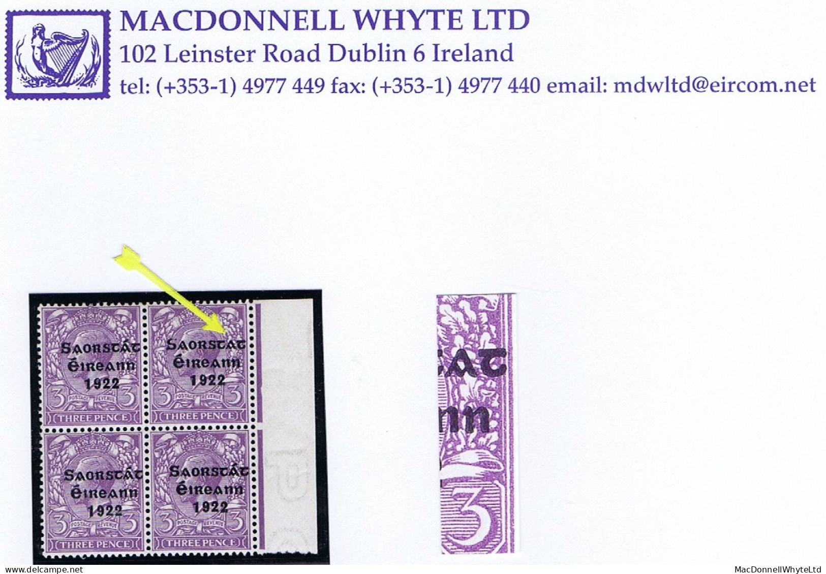 Ireland 1922-23 Thom Saorstát 3-line Overprint In Blue-black On 3d Violet, Error "Accent Missing" R15/12, Error Is Unmou - Ungebraucht