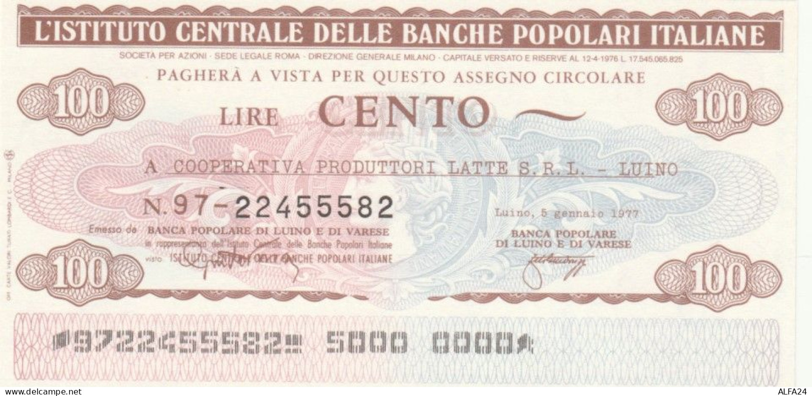 MINIASSEGNO FDS ICBP-BANCA POPOLARE LUINO VARESE L.100 COOP PRODUTTORI LATTE (YA615 - [10] Assegni E Miniassegni