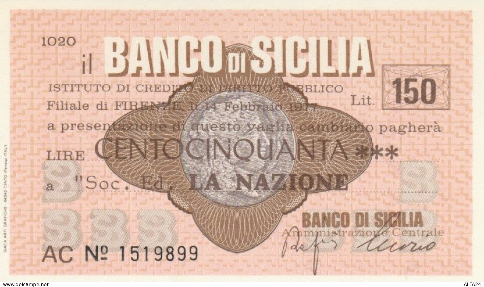 MINIASSEGNO FDS BANCO DI SICILIA L.150 LA NAZIONE (YA779 - [10] Assegni E Miniassegni