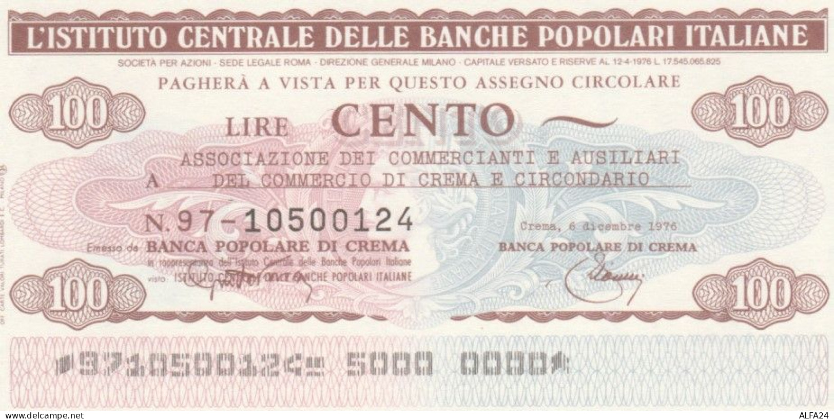 MINIASSEGNO FDS ICBP-BANCA POPOLARE CREMA L.100 ASS COMM CREMA (YA626 - [10] Assegni E Miniassegni