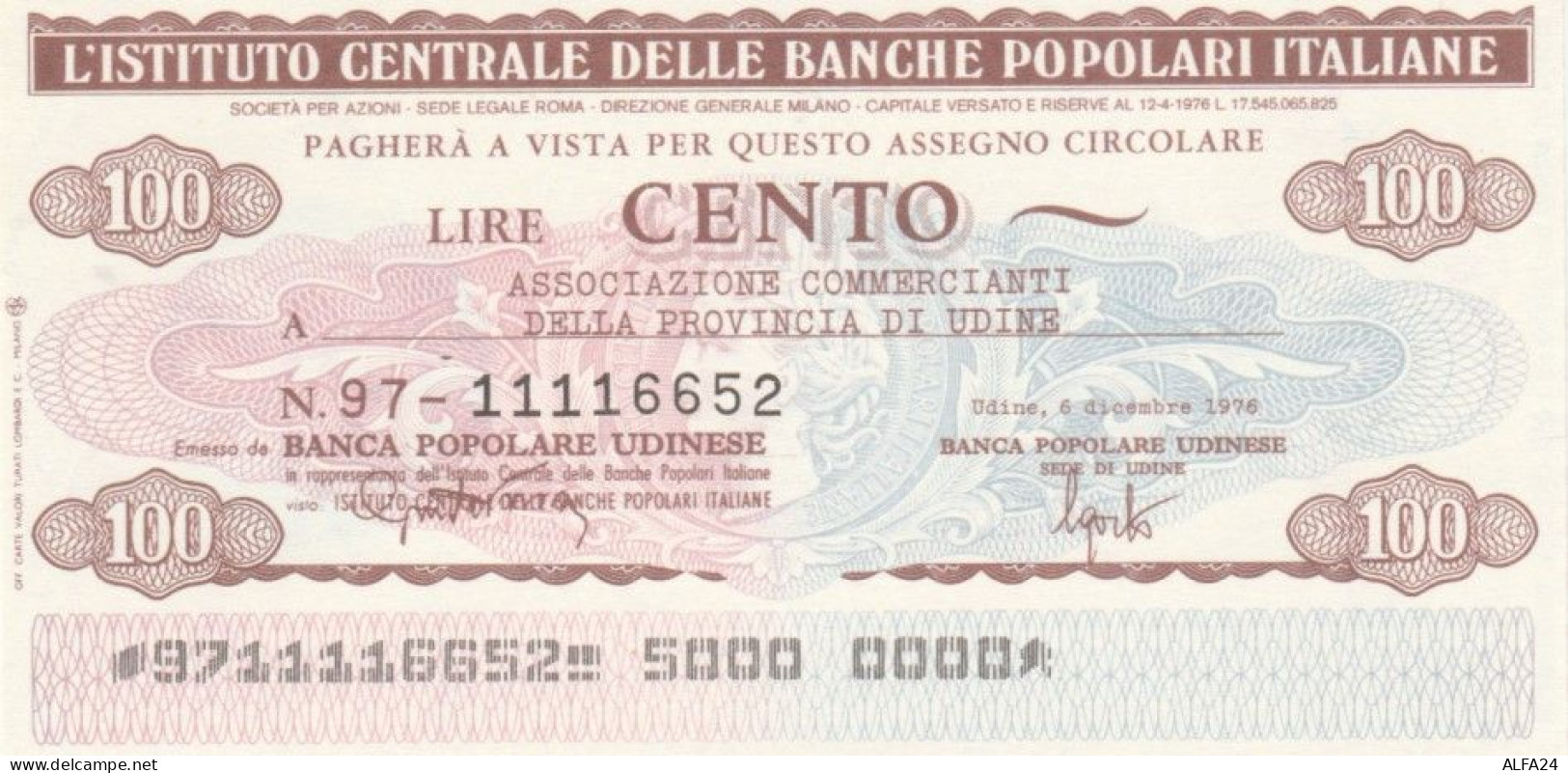 MINIASSEGNO FDS ICBP-BANCA POPOLARE UDINESE L.100 ASS COMM UDINE (YA627 - [10] Assegni E Miniassegni