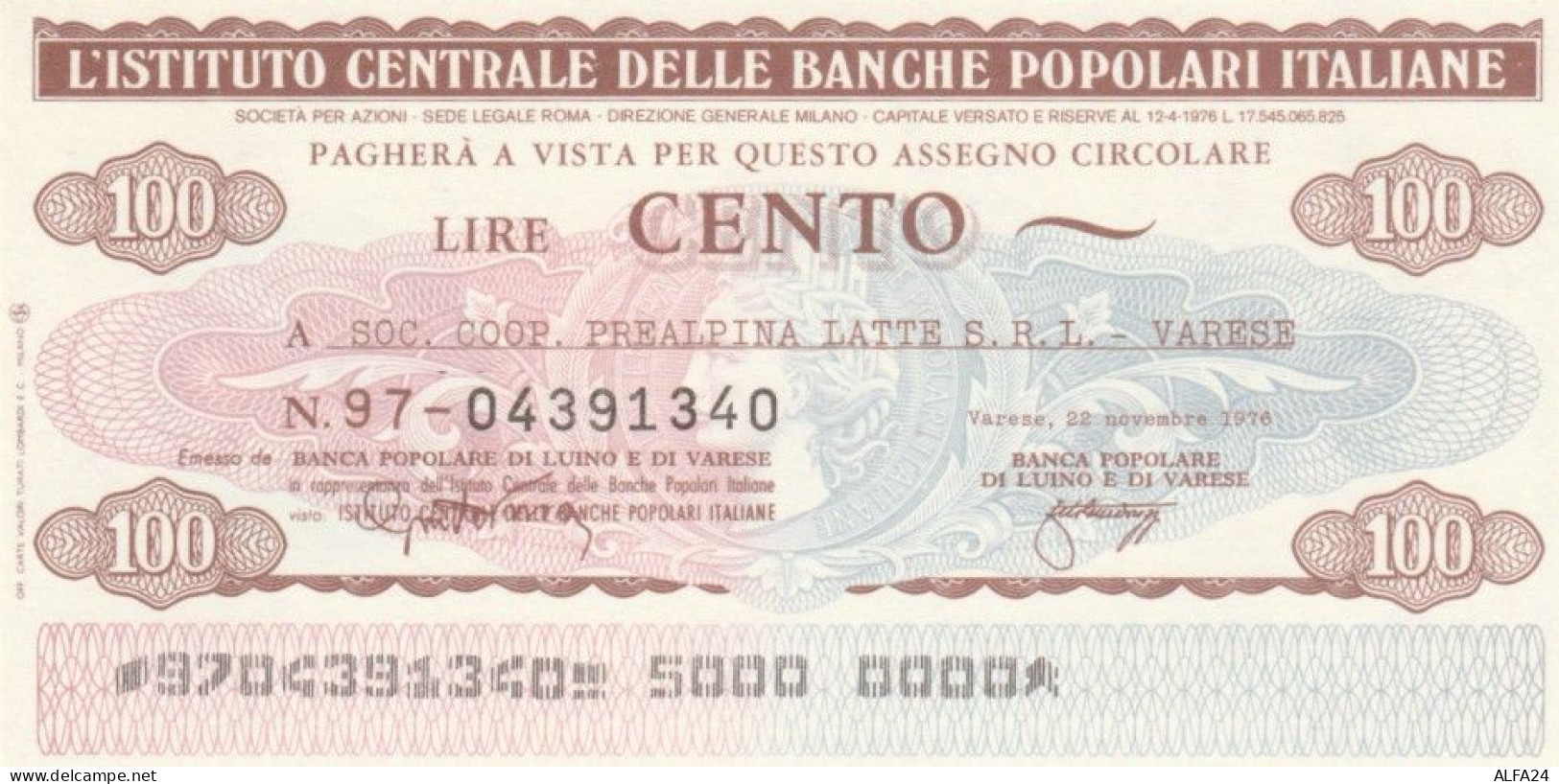 MINIASSEGNO FDS ICBP-BANCA POPOLARE LUINO VARESE L.100 COOP PREALPINA LATTE (YA636 - [10] Assegni E Miniassegni