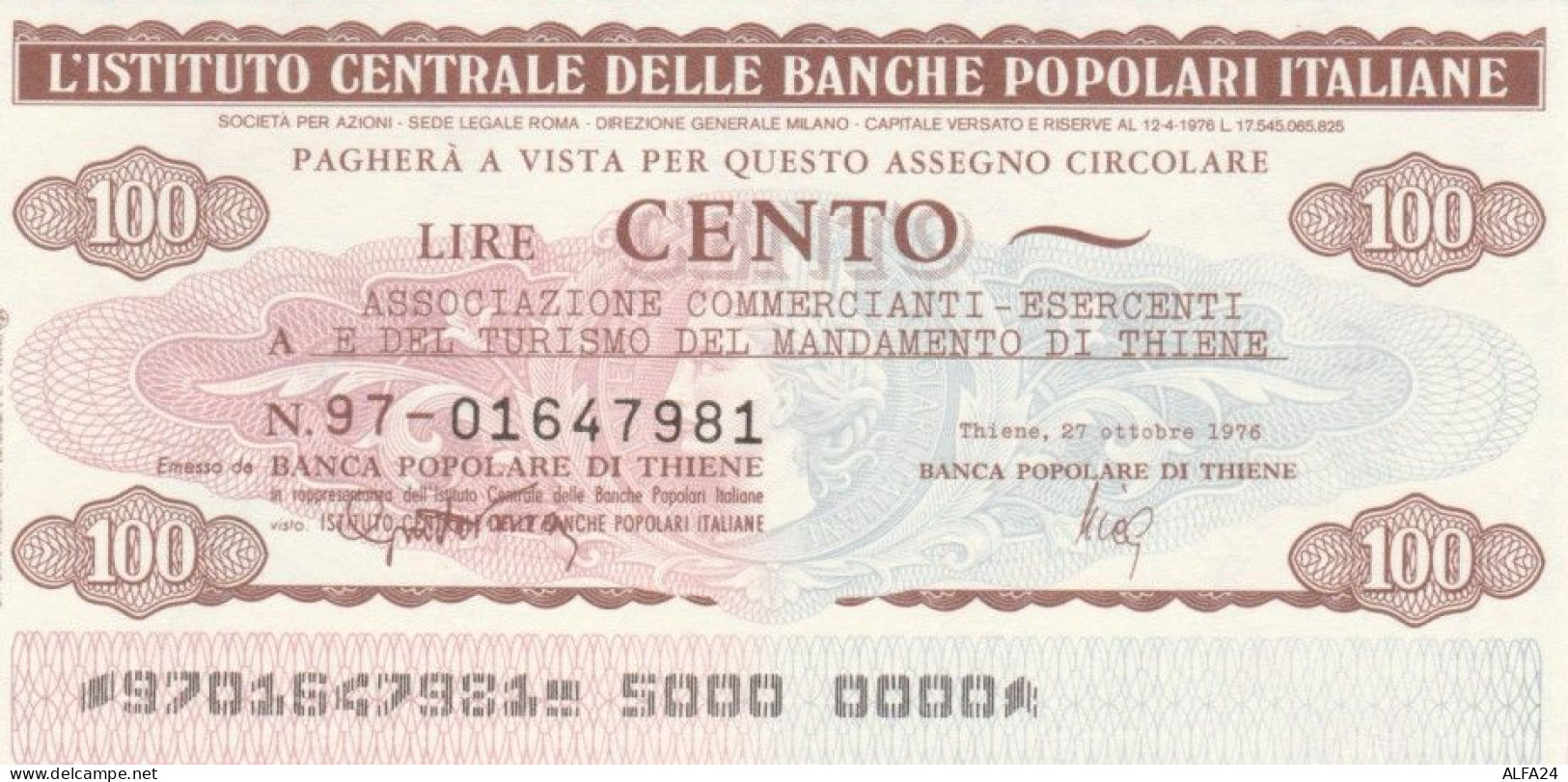 MINIASSEGNO FDS ICBP-BANCA POPOLARE THIENE L.100 ASS COMM THIENE (YA637 - [10] Assegni E Miniassegni