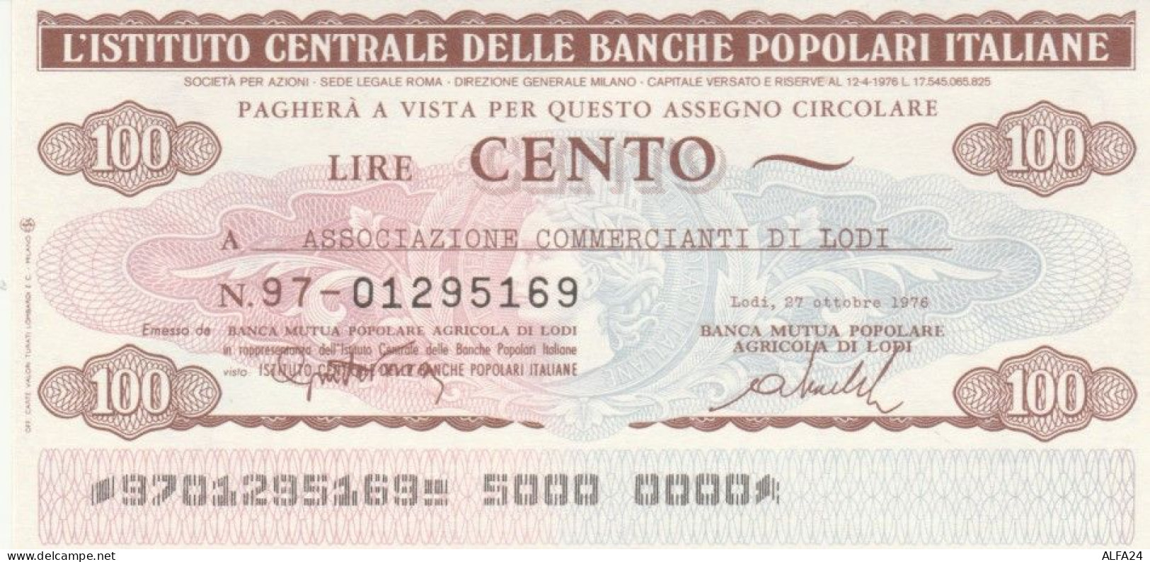 MINIASSEGNO FDS ICBP-BANCA POPOLARE LODI L.100 ASS COMM LODI (YA641 - [10] Assegni E Miniassegni