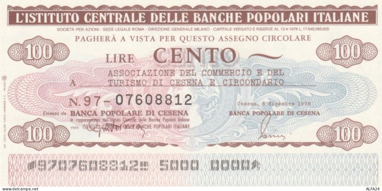 MINIASSEGNO FDS ICBP-BANCA POPOLARE CESENA L.100 ASS COMM CESENA (YA632 - [10] Assegni E Miniassegni