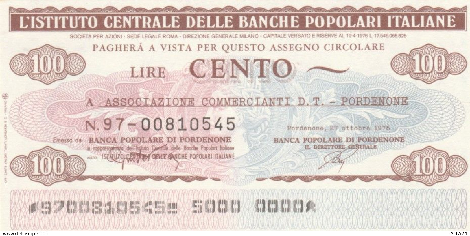 MINIASSEGNO FDS ICBP-BANCA POPOLARE PORDENONE L.100 ASS COMM (YA643 - [10] Assegni E Miniassegni