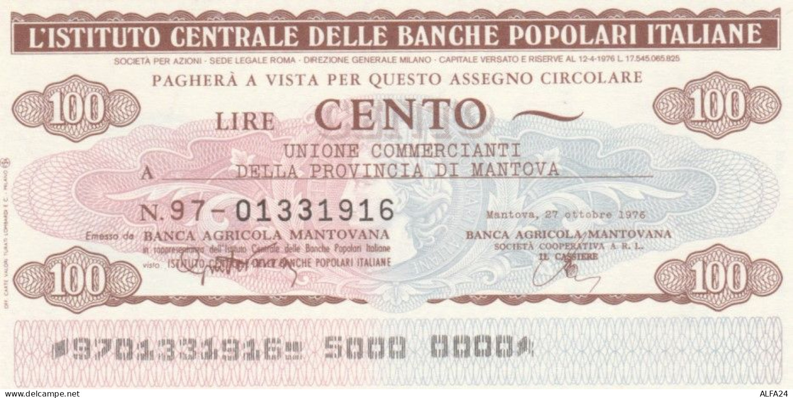 MINIASSEGNO FDS ICBP-BANCA POPOLARE MANTOVANA L.100 MANTOVA (YA640 - [10] Assegni E Miniassegni