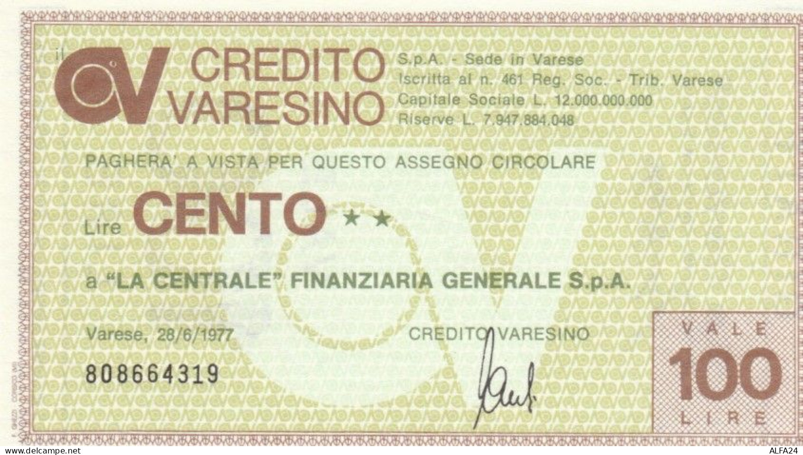 MINIASSEGNO FDS CREDITO VARESINO L.100 LA CENTRALE FINANZIARIA (YA658 - [10] Assegni E Miniassegni