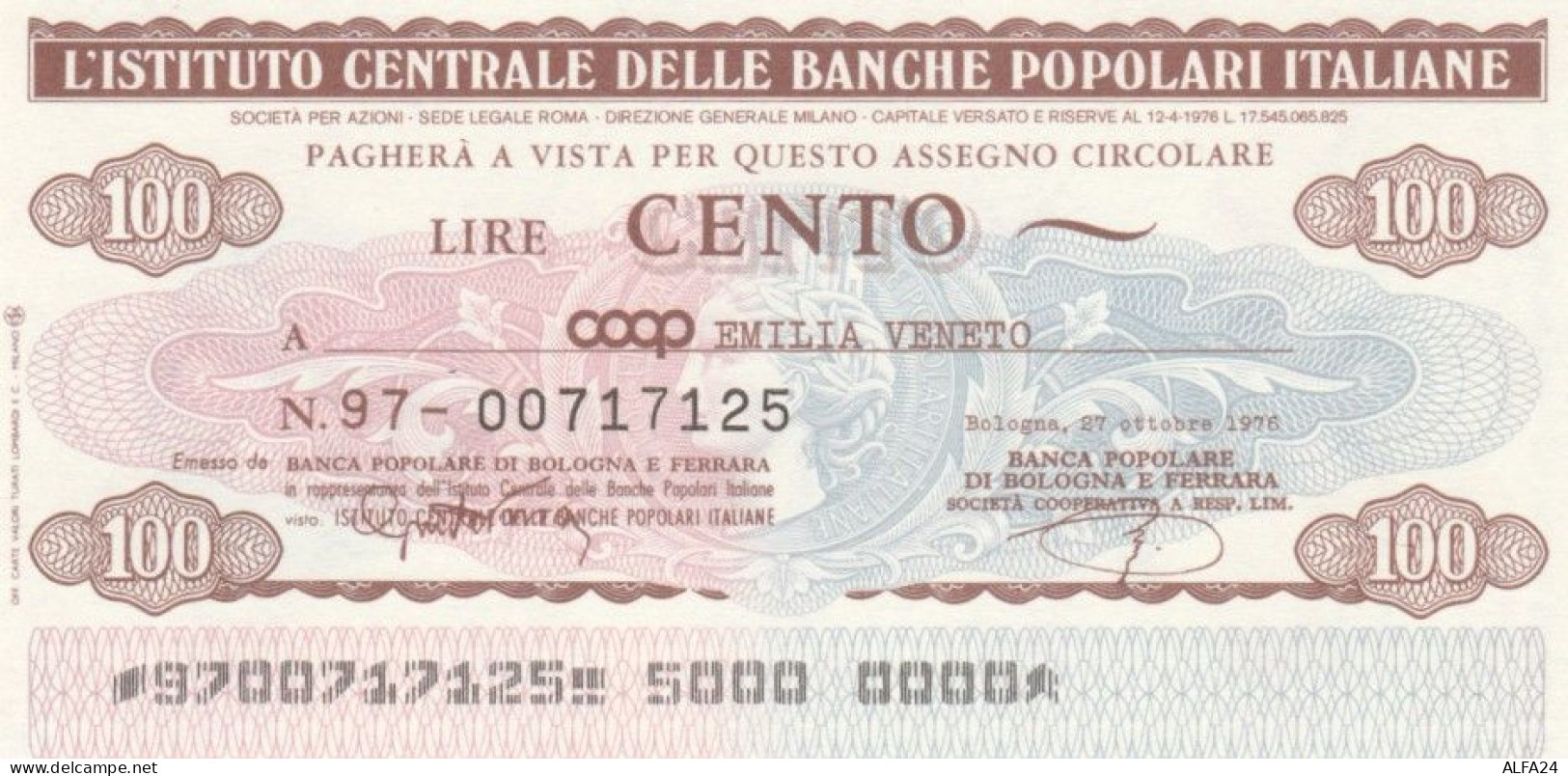 MINIASSEGNO FDS ICBP-BANCA POPOLARE L.100 COOP EMILIA VENETA (YA646 - [10] Assegni E Miniassegni