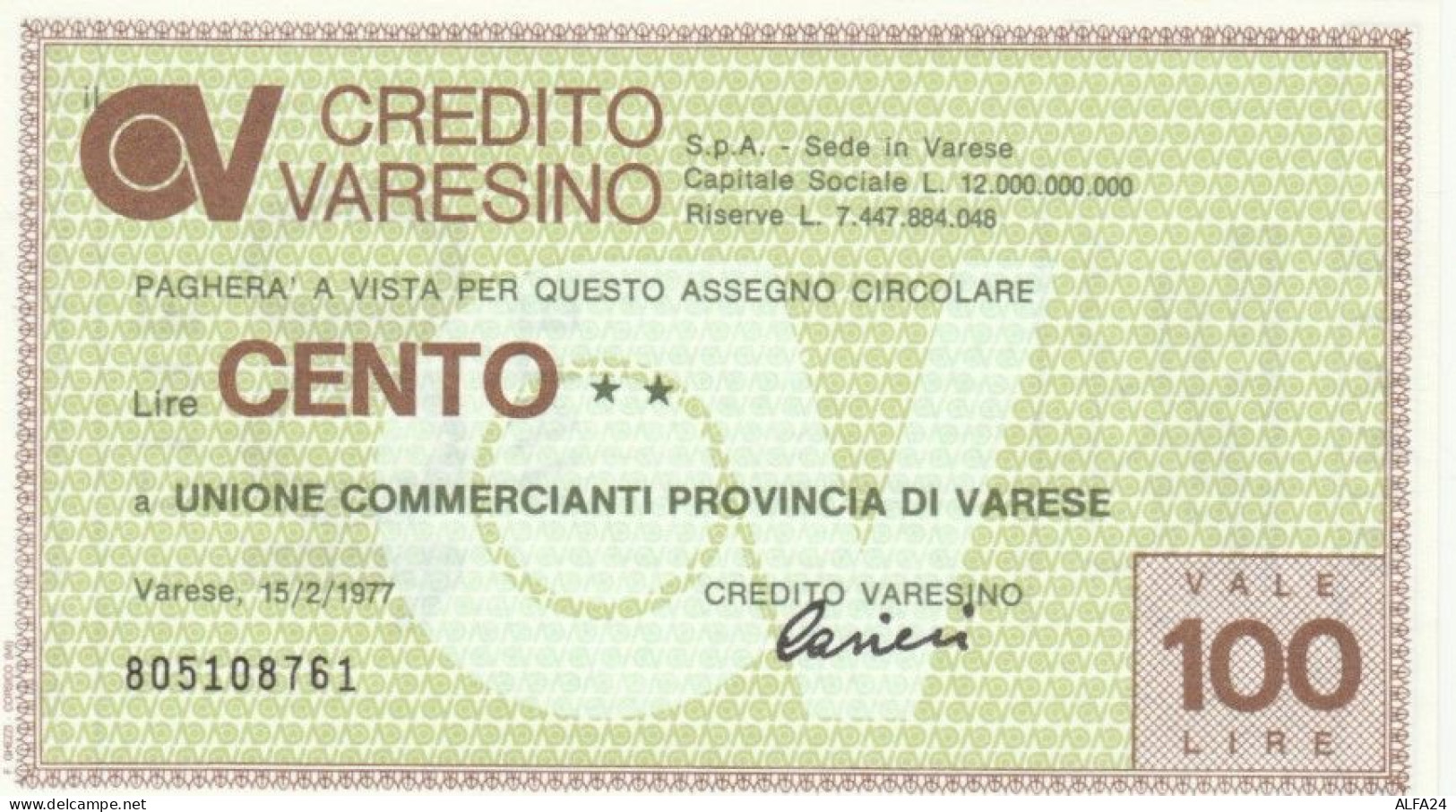 MINIASSEGNO FDS CREDITO VARESINO L.100 UNIONE COMM VARESE (YA653 - [10] Assegni E Miniassegni