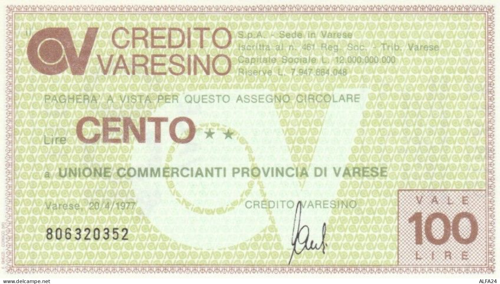 MINIASSEGNO FDS CREDITO VARESINO L.100 UNIONE COMM VARESE (YA662 - [10] Assegni E Miniassegni