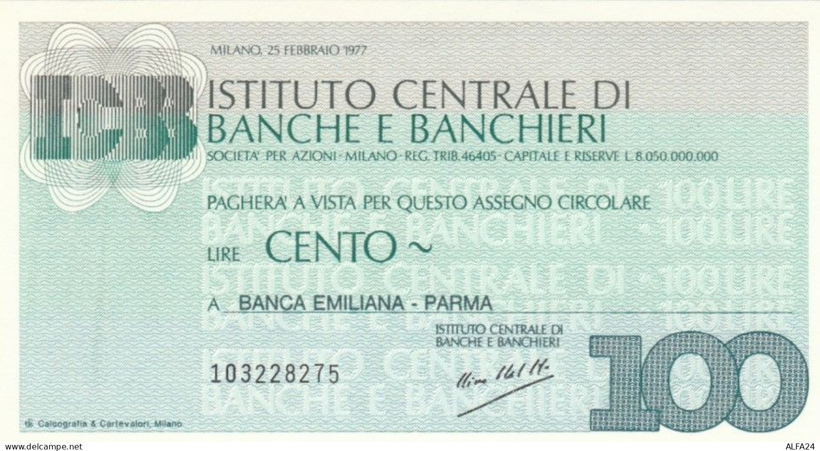 MINIASSEGNO FDS ISTITUTO CENTRALE BANCHE E BANCHIERI L.100 BANCA EMILIANA PARMA (YA682 - [10] Assegni E Miniassegni