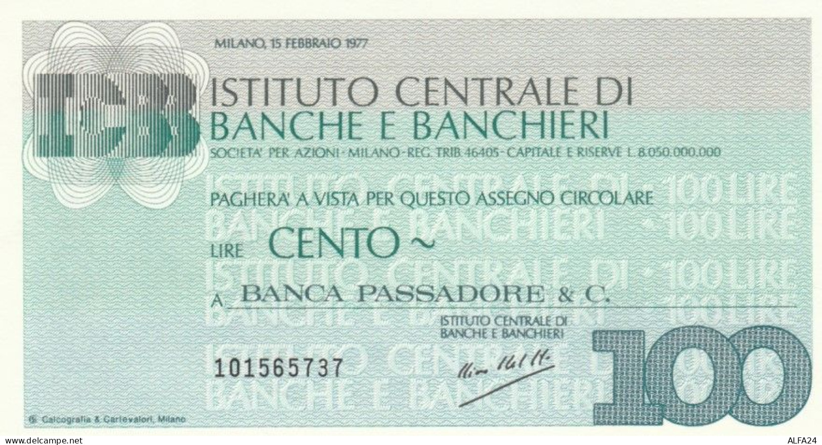 MINIASSEGNO FDS ISTITUTO CENTRALE BANCHE E BANCHIERI L.100 BANCA PASSADORE (YA672 - [10] Assegni E Miniassegni