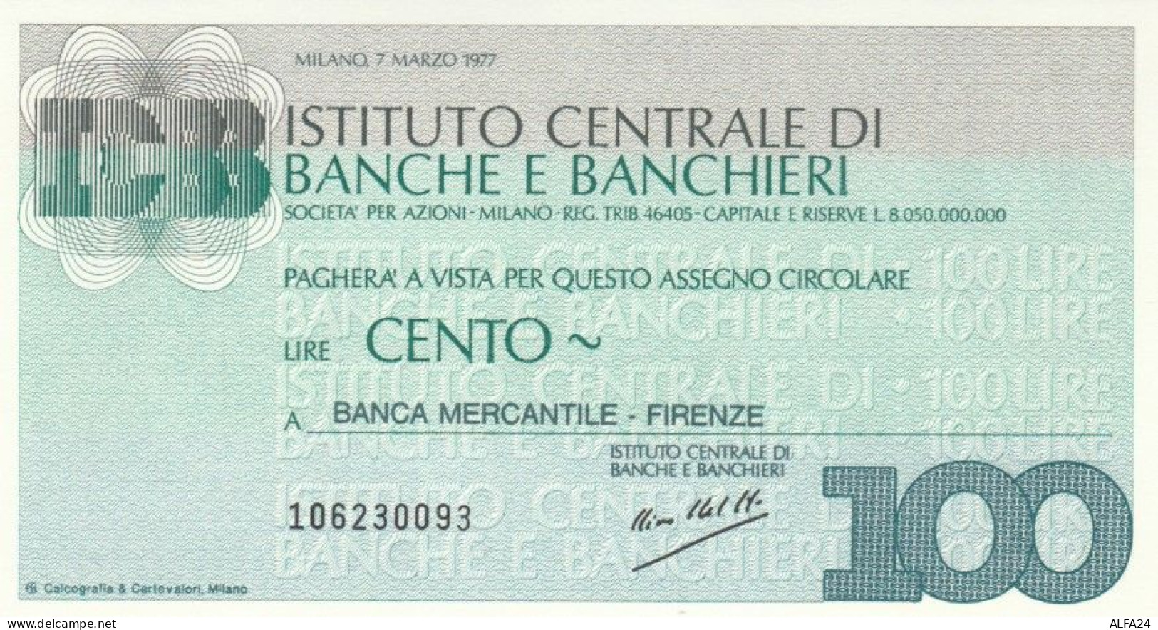 MINIASSEGNO FDS ISTITUTO CENTRALE BANCHE E BANCHIERI L.100 BANCA MERCANTILE (YA683 - [10] Assegni E Miniassegni