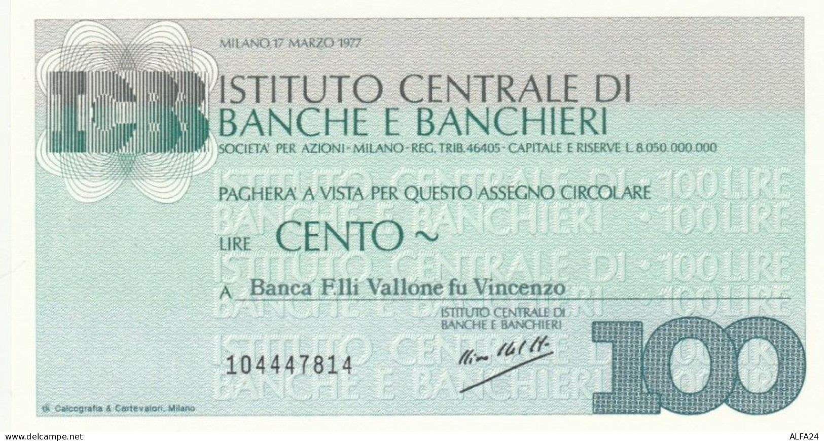 MINIASSEGNO FDS ISTITUTO CENTRALE BANCHE E BANCHIERI L.100 BANCA F.LLI VALLONE (YA688 - [10] Assegni E Miniassegni