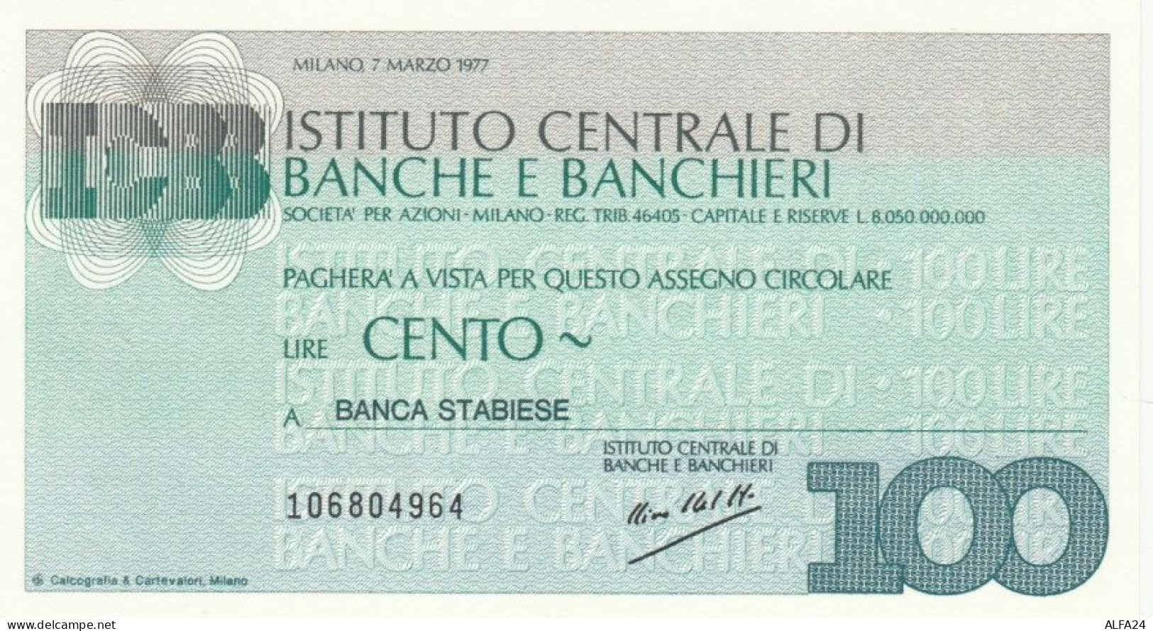 MINIASSEGNO FDS ISTITUTO CENTRALE BANCHE E BANCHIERI L.100 BANCA STABIESE (YA684 - [10] Assegni E Miniassegni