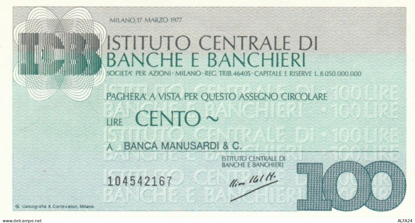 MINIASSEGNO FDS ISTITUTO CENTRALE BANCHE E BANCHIERI L.100 BANCA MANUSARDI (YA692 - [10] Assegni E Miniassegni