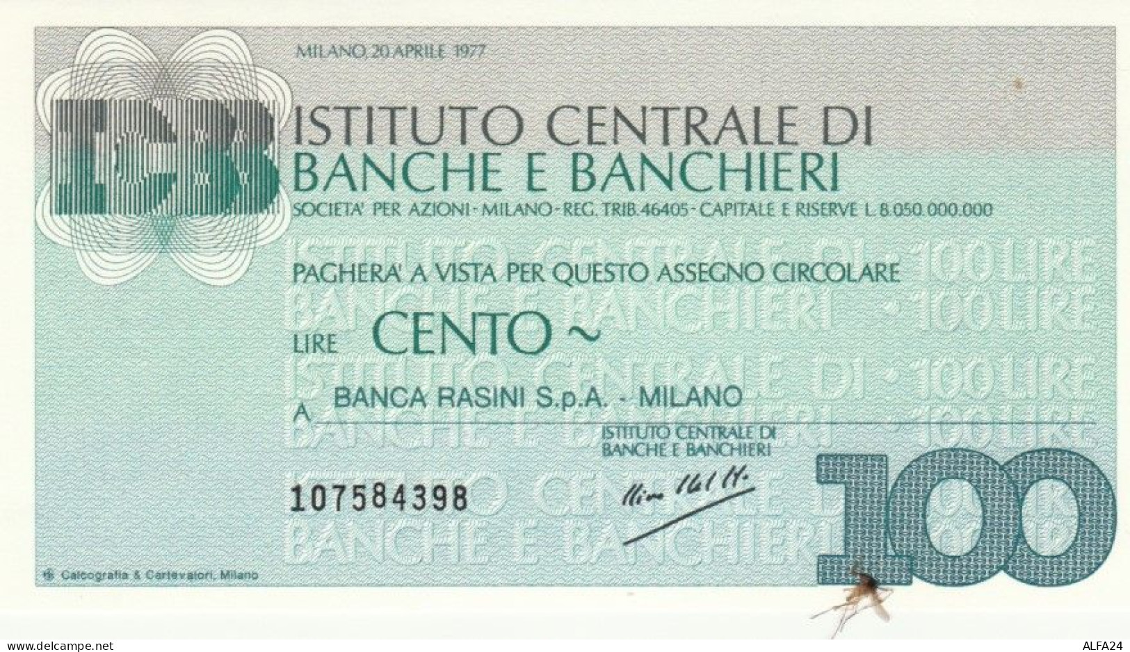 MINIASSEGNO FDS ISTITUTO CENTRALE BANCHE E BANCHIERI L.100 BANCA RASINI (YA695 - [10] Assegni E Miniassegni