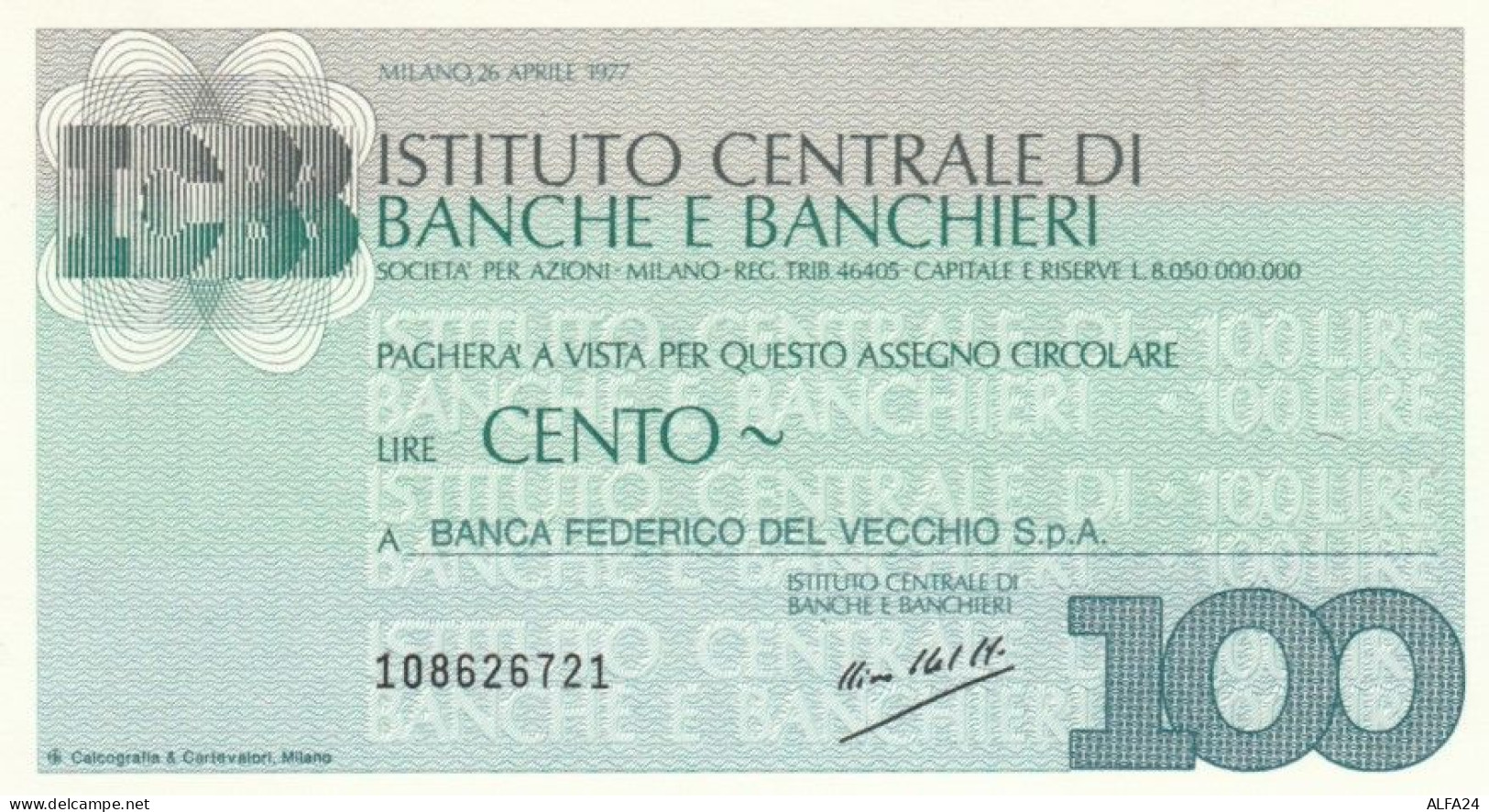 MINIASSEGNO FDS ISTITUTO CENTRALE BANCHE E BANCHIERI L.100 BANCA FEDERICO DEL VECCHIO (YA699 - [10] Assegni E Miniassegni