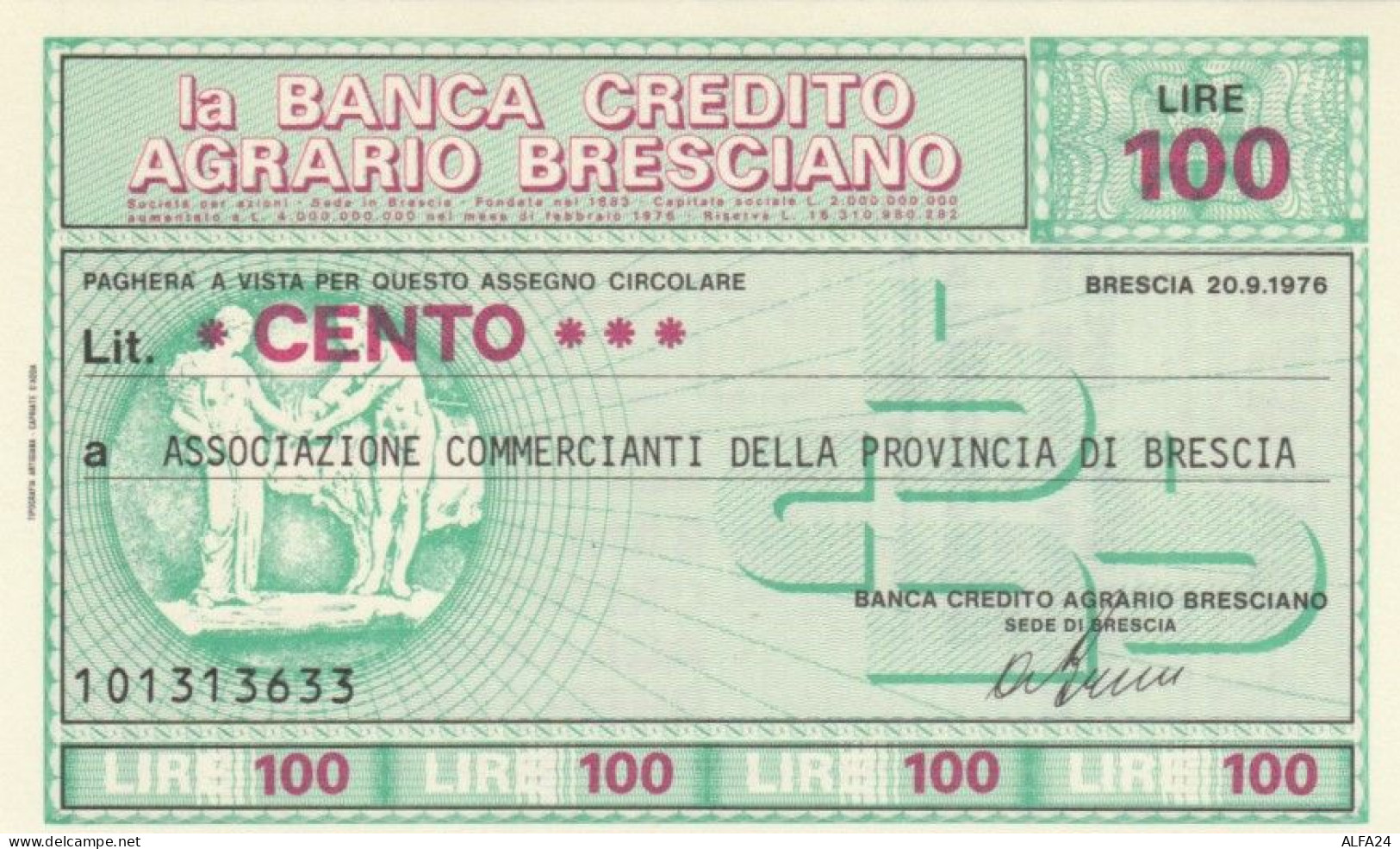 MINIASSEGNO FDS BANCA CREDITO AGRARIO BRESCIANO L.100 ASS COMM BRESCIA (YA151 - [10] Assegni E Miniassegni