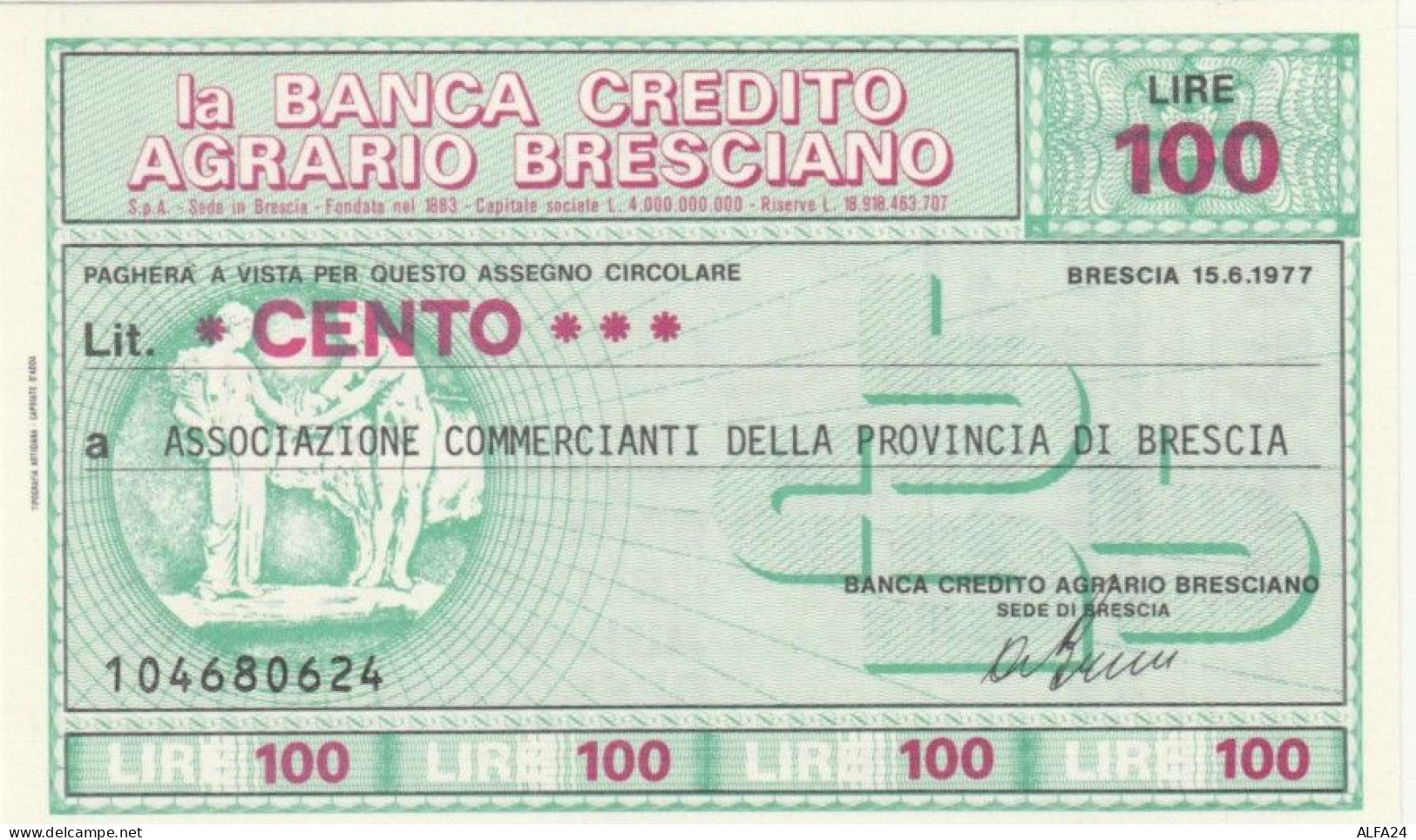 MINIASSEGNO FDS BANCA CREDITO AGRARIO BRESCIANO L.100 ASS COMM BRESCIA (YA153 - [10] Assegni E Miniassegni