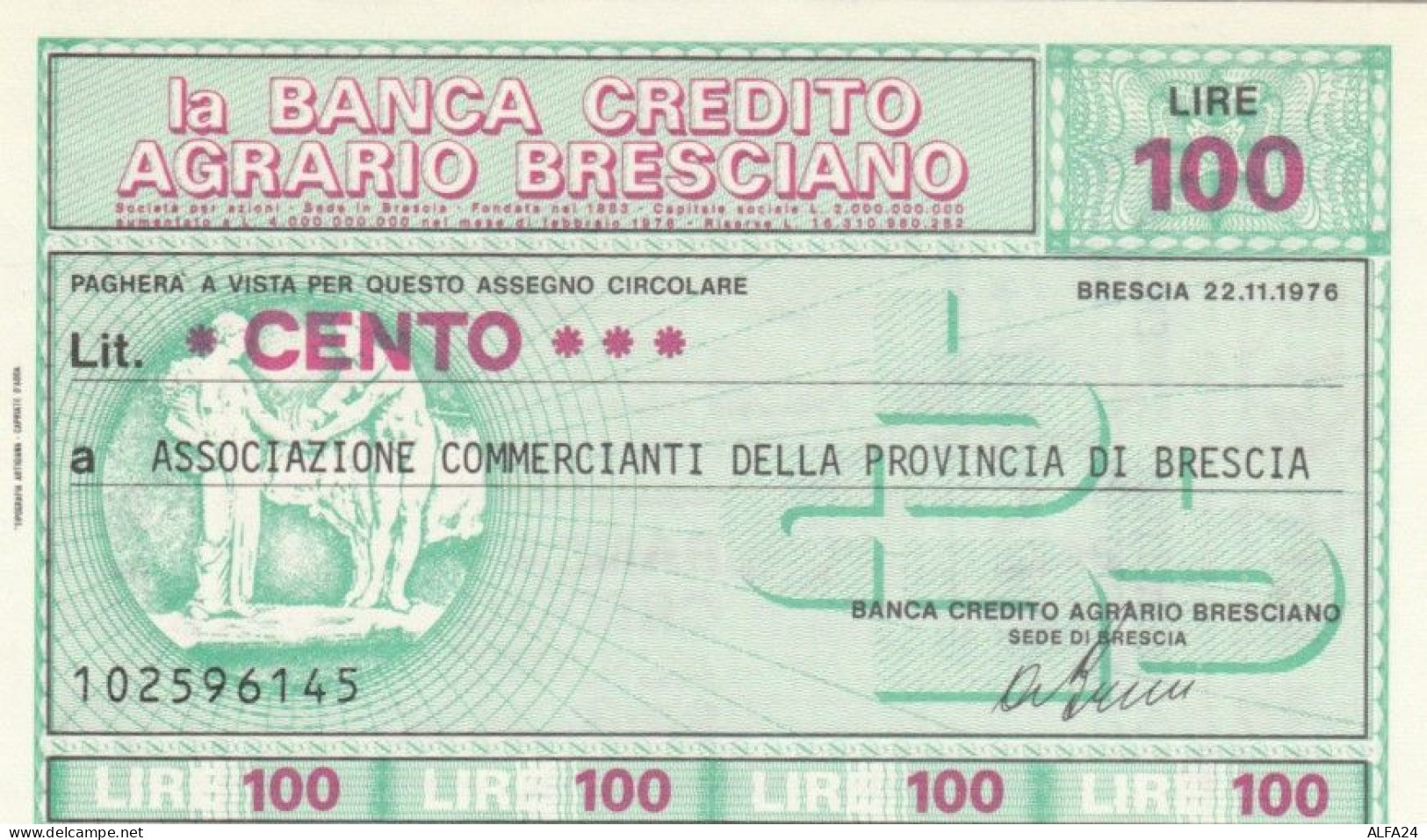 MINIASSEGNO FDS BANCA CREDITO AGRARIO BRESCIANO L.100 ASS COMM BRESCIA (YA155 - [10] Assegni E Miniassegni