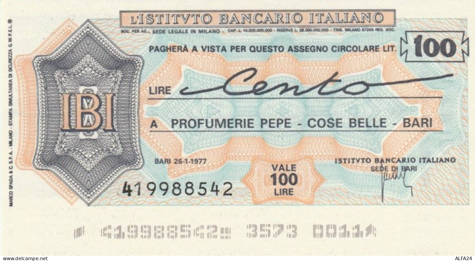 MINIASSEGNO FDS ISTITUTO BANCARIO ITALIANO L.50 PROFUMERIE PEPE -BARI (YA145 - [10] Assegni E Miniassegni