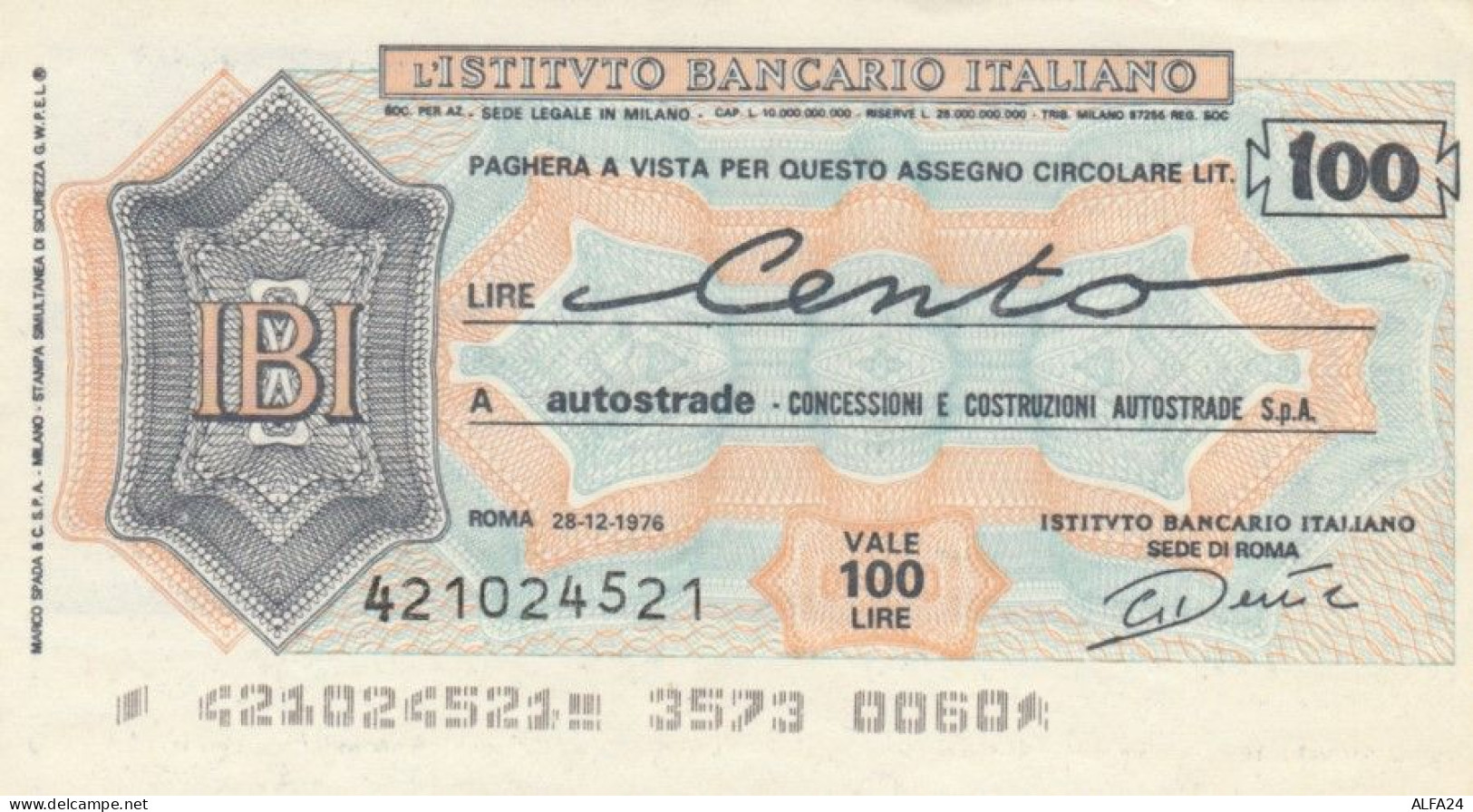 MINIASSEGNO FDS ISTITUTO BANCARIO ITALIANO L.100 AUTOSTRADE (YA137 - [10] Assegni E Miniassegni