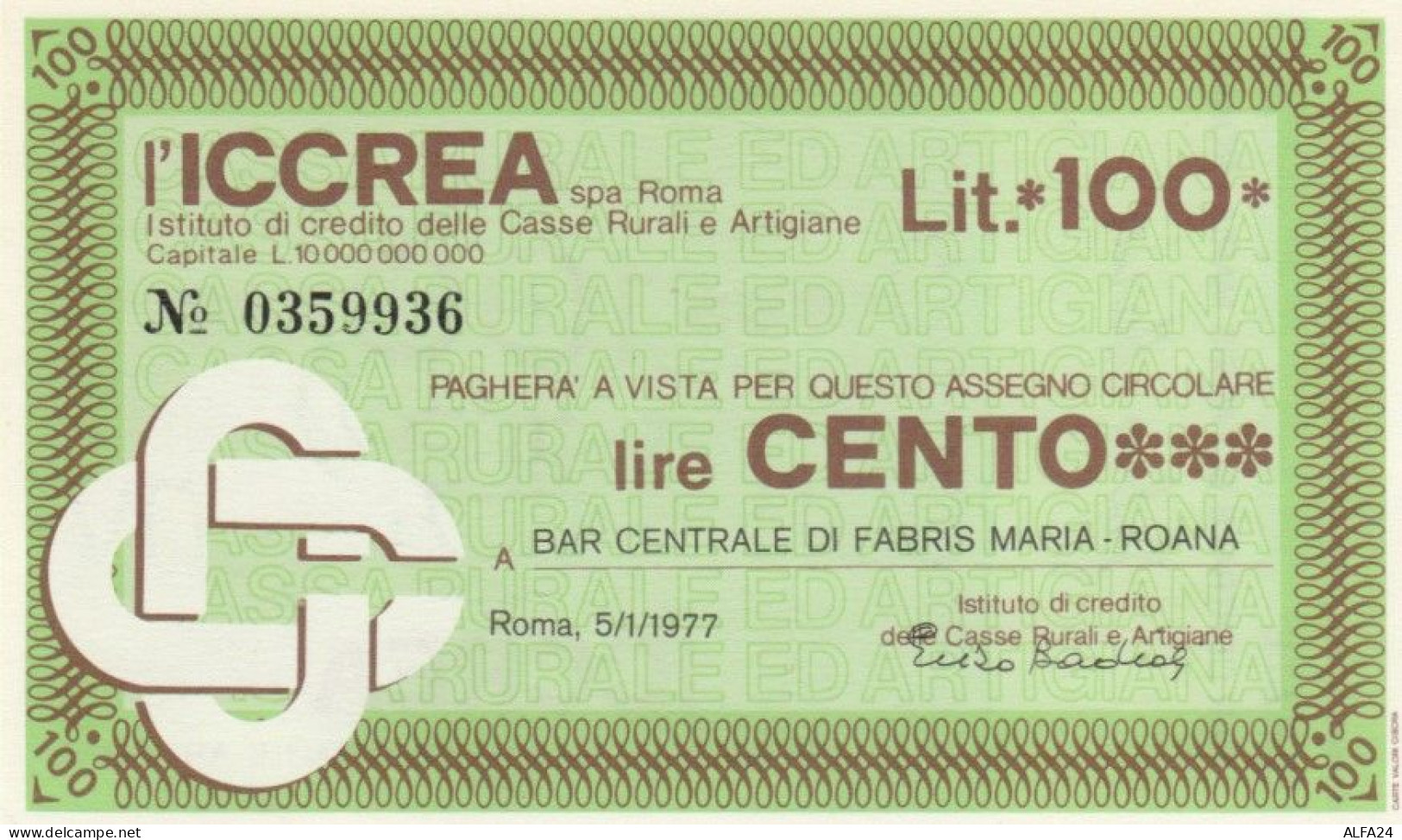 MINIASSEGNO FDS ICCREA L.100 BAR CENTRALE (YA101 - [10] Assegni E Miniassegni