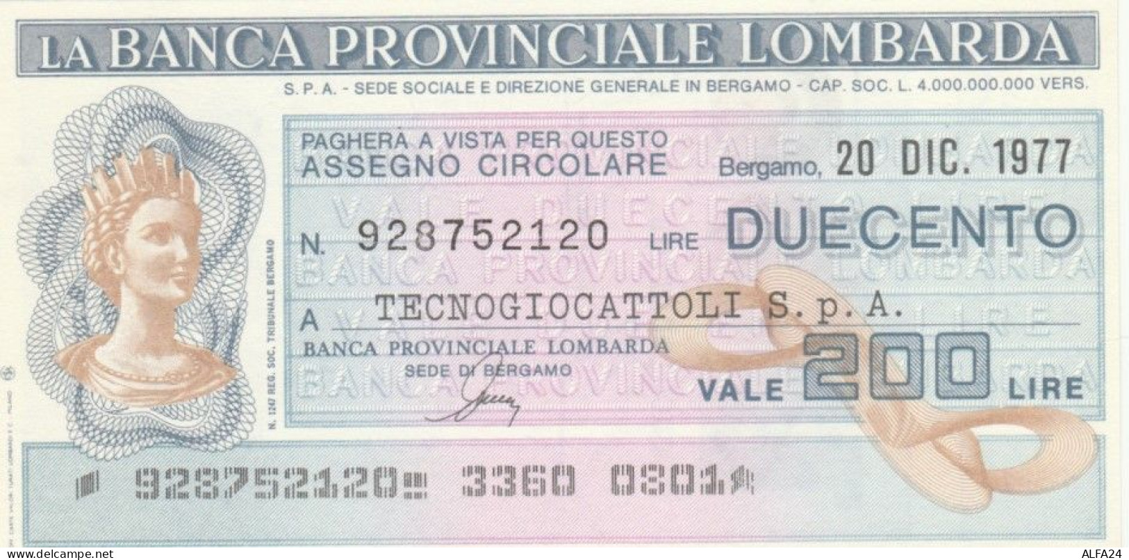 MINIASSEGNO FDS BANCA PROV.LOMBARDA L.200 TECNOGIOCATTOLI (YA93 - [10] Assegni E Miniassegni