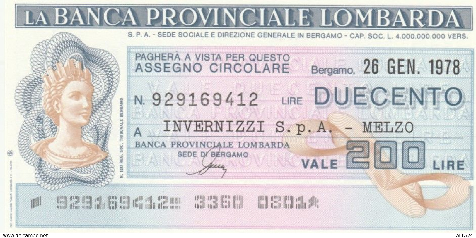 MINIASSEGNO FDS BANCA PROV.LOMBARDA L.200 INVERNIZZI (YA89 - [10] Assegni E Miniassegni