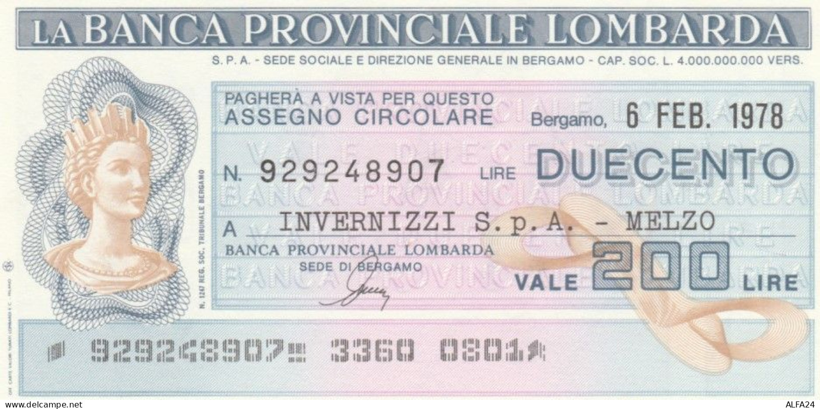 MINIASSEGNO FDS BANCA PROV.LOMBARDA L.200 INVERNIZZI (YA88 - [10] Assegni E Miniassegni