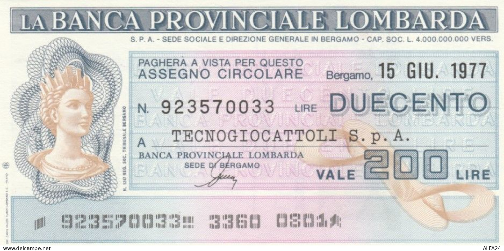 MINIASSEGNO FDS BANCA PROV.LOMBARDA L.200 TECNOGIOCATTOLI (YA85 - [10] Assegni E Miniassegni