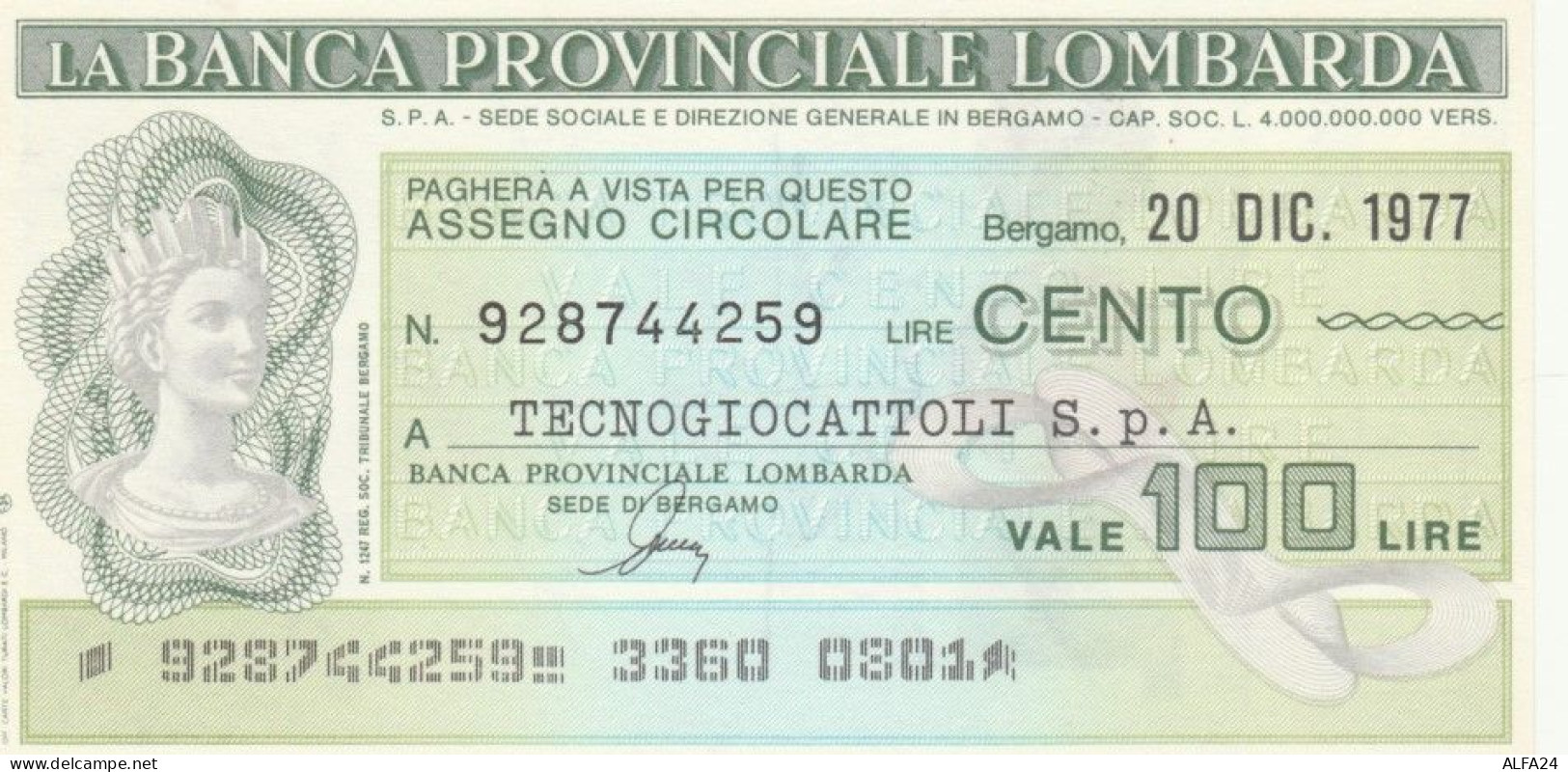 MINIASSEGNO FDS BANCA PROV.LOMBARDA L.100 TECNOGIOCATTOLI (YA57 - [10] Assegni E Miniassegni