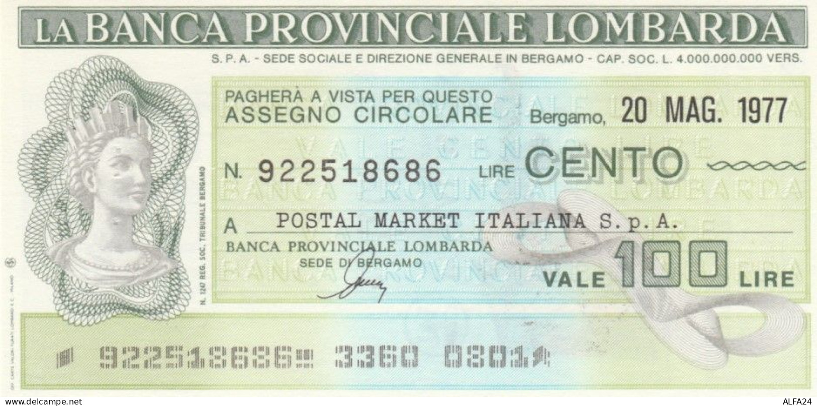 MINIASSEGNO FDS BANCA PROV.LOMBARDA L.100 POSTAL MARKET (YA41 - [10] Assegni E Miniassegni