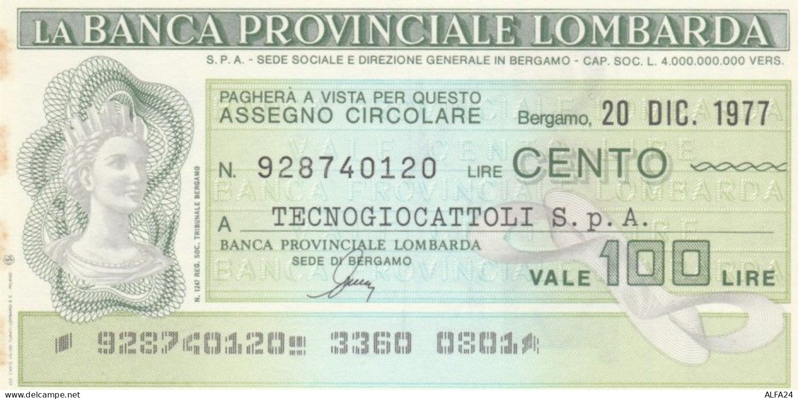 MINIASSEGNO FDS BANCA PROV.LOMBARDA L.100 TECNOGIOCATTOLI (YA58 - [10] Assegni E Miniassegni