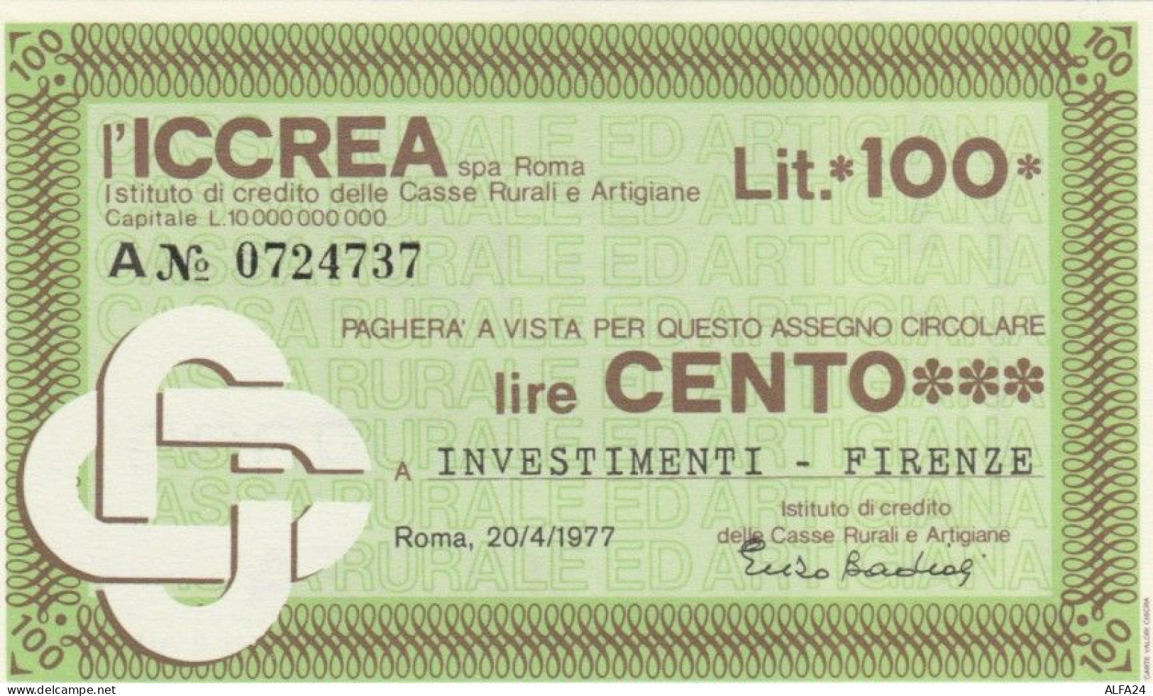 MINIASSEGNO FDS ICCREA L.100 INVESTIMENTI FIRENZE (YA44 - [10] Assegni E Miniassegni