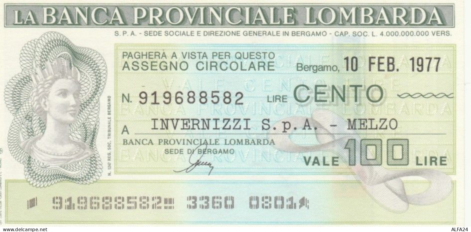 MINIASSEGNO FDS BANCA PROV.LOMBARDA L.100 INVERNIZZI (YA36 - [10] Assegni E Miniassegni