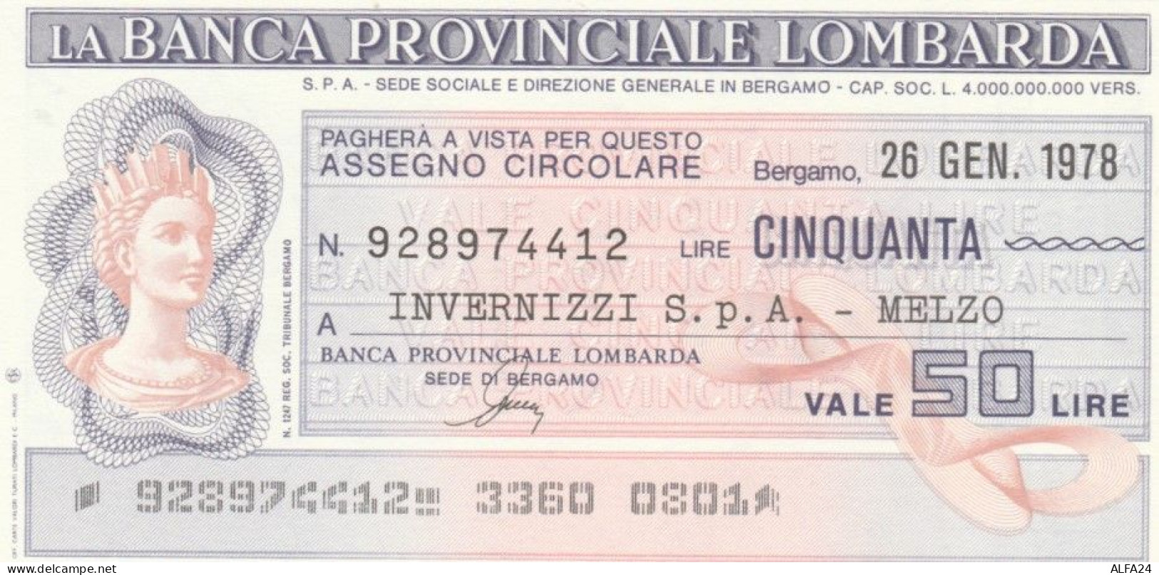 MINIASSEGNO FDS BANCA PROV.LOMBARDA L.50 INVERNIZZI (YA20 - [10] Assegni E Miniassegni