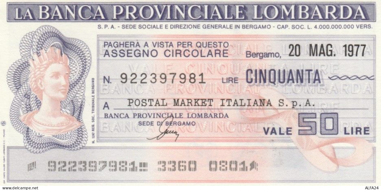 MINIASSEGNO FDS BANCA PROV.LOMBARDA L.50 POSTAL MARKET (YA15 - [10] Assegni E Miniassegni