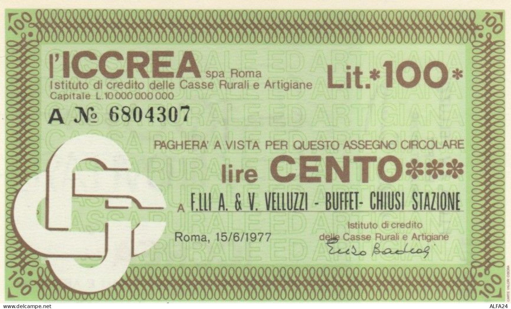 MINIASSEGNO FDS ICCREA L.100 F.LLI VELLUZZI (YA8 - [10] Assegni E Miniassegni